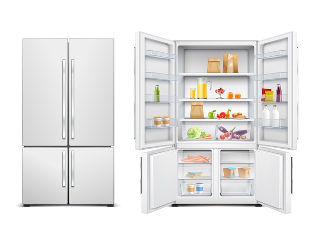 Kühlschrank Kühlschrank realistische Reihe von großen Familien Kühlschrank mit zwei Türen mit Lebensmitteln gefüllt
