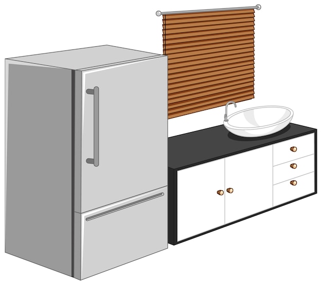 Kühlschrank mit Küchenmöbeln lokalisiert auf weißem Hintergrund