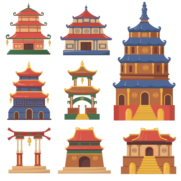 Kulturelles china traditionelles gebäude flaches set für webdesign. karikaturillustration