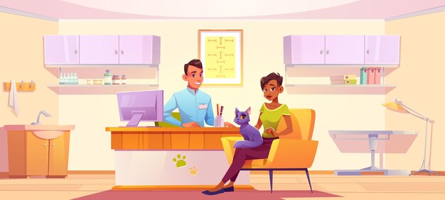 Kunde mit Katze besucht Tierklinik für medizinische Hilfe und Untersuchungshaustier. Vektorkarikaturillustration des tierarztarztes und der frau mit kätzchen in der arztpraxis im tierkrankenhaus