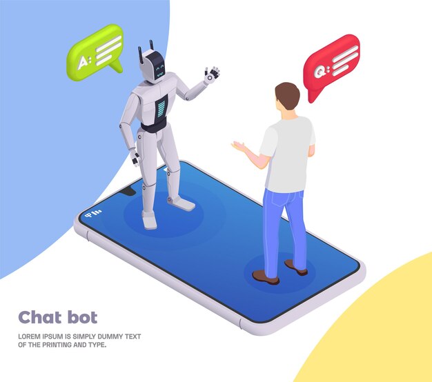 Kundenservice isometrische Komposition Chat-Bot-Überschrift und abstrakte Situation mit Roboter und menschlichem Gespräch