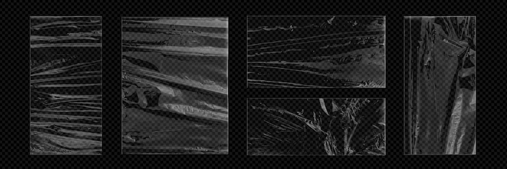 Kostenlose Vektor kunststoff-vinyl-album-cover, falten-textur-wrap-set. schrumpf-cd-beutel-paket, 3d-vektor. realistische falt-cellophan-verpackung mit lichtreflexionssammlung. gebrochenes polyethylenband, isolierte grafik