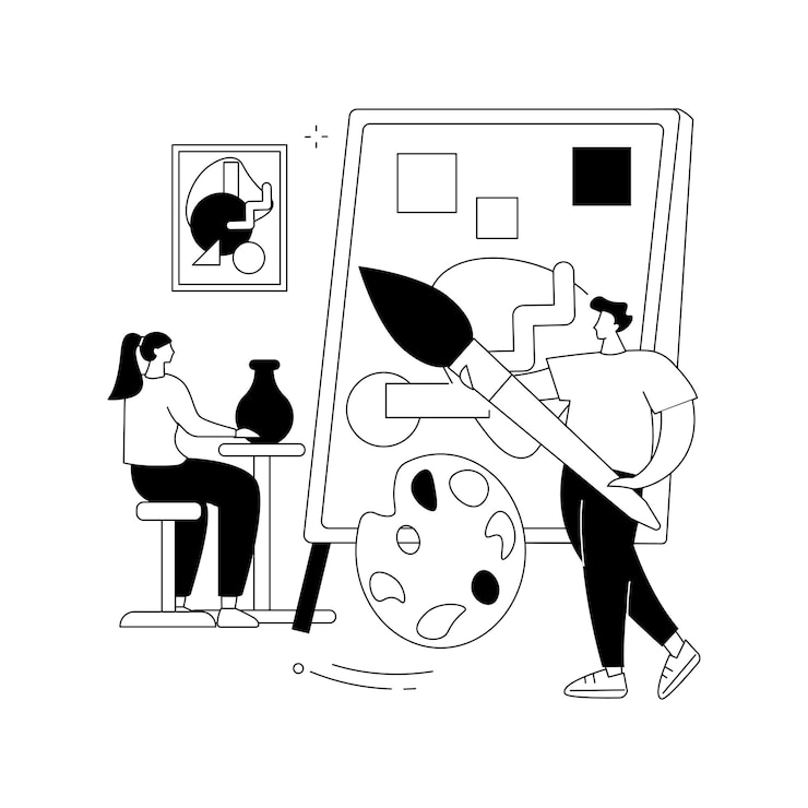 Kostenlose Vektor kunststudio abstraktes konzept vektorillustration malstunde für erwachsene und kinder offene kunstklasse moderne galerie töpferwerkstatt kreativer raum zeichenstudio abstrakte metapher