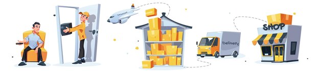 Kurierzustellung Transport Logistik Frachtverteilung isoliert Set Mann liefert Paket an den Kunden nach Hause, LKW oder Lieferwagen und Flugzeug Versand von Waren zum Geschäft oder Lager Cartoon-Vektor-Illustration