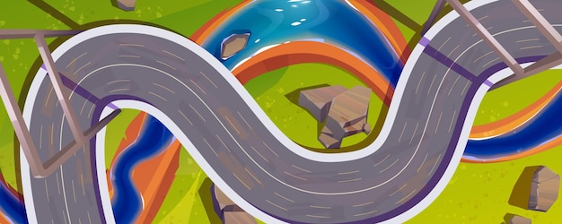 Kurvenreiche Autobahn über Fluss und Felsen der grünen Wiese