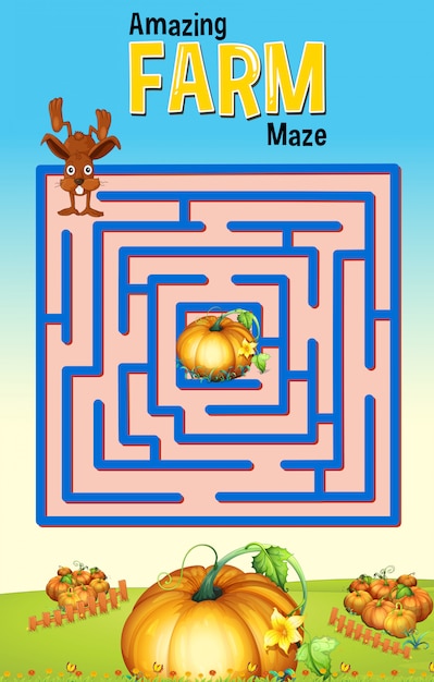 Kostenloser Vektor labyrinthspielschablone mit kaninchen- und kürbisfarm