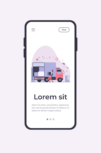 Laden des Arbeiters, der Kasten im LKW trägt. Flache Vektorillustration von Paket, Logistik, Pappe. Lieferservice und Versandkonzept für Banner, Website-Design oder Landing-Webseite