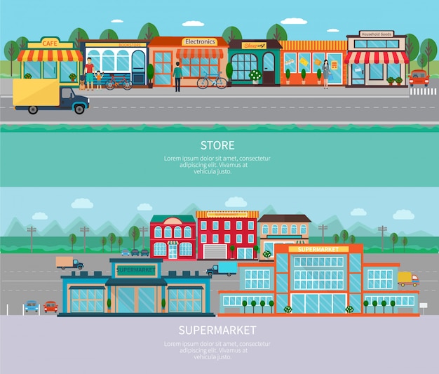 Laden Sie und Supermarktgebäude mit horizontalen Fahnen der Straße und des Parkens ein