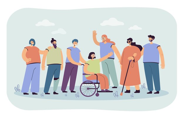 Lächelnde Freiwillige, die behinderten Menschen helfen, isolierten flache Illustration. Karikaturillustration