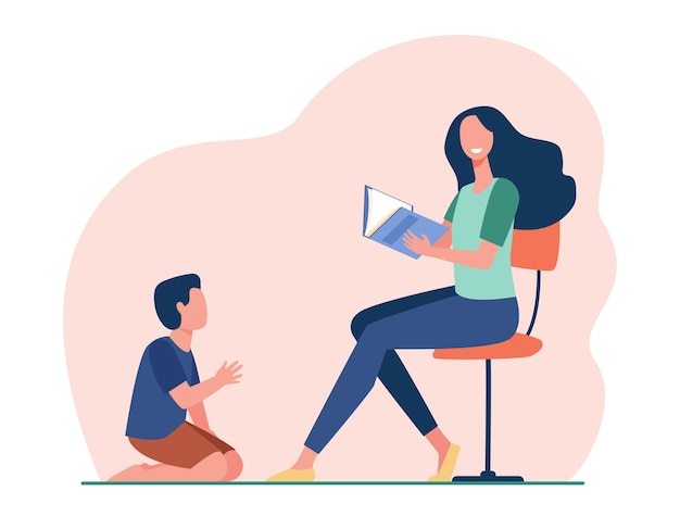 Lächelnde Mutter sitzt und liest Buch zum Sohn. Karikaturillustration