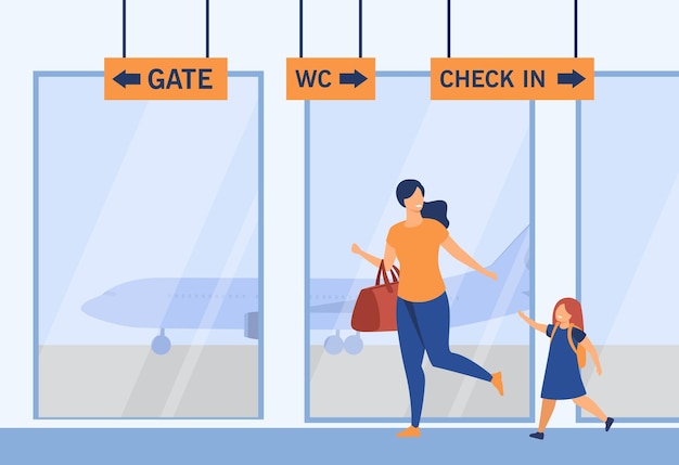 Kostenloser Vektor lächelnde mutter und mädchen, die im flughafen laufen. gepäck, flugzeug, tor flache illustration