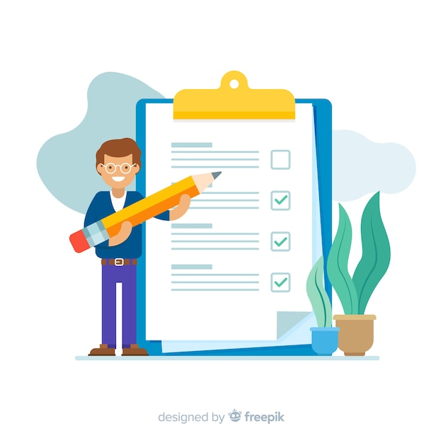Kostenloser Vektor lächelnder mann, der riesigen checklistenhintergrund überprüft