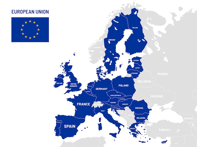 Landerkarte Der Europaischen Union Namen Der Eu Mitgliedslander Abbildung Der Landkarten Fur Europa Premium Vektor