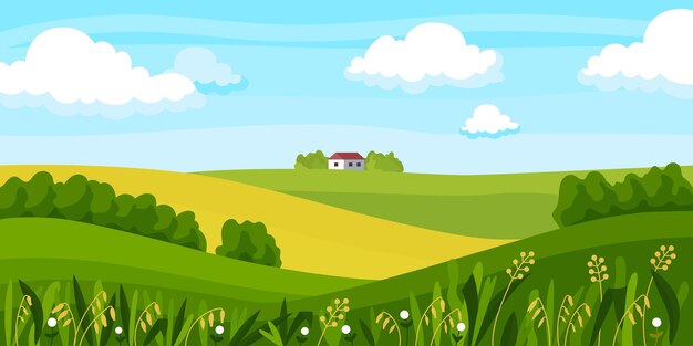 Ländliche Landschaftsfeldzusammensetzung kleines weißes Haus mit rotem Dach in der grünen Dorfvektorillustration