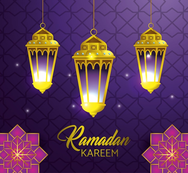 Lampen, die mit geometrischen blumen zu ramadan-kareem hängen