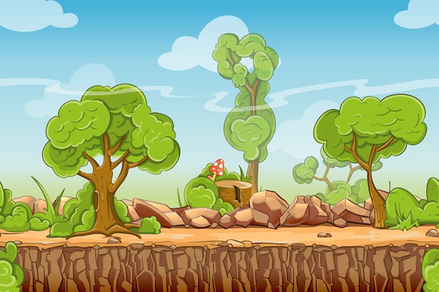 Land nahtlose landschaft im cartoon-stil. naturpanorama, grüner baum im freien, vektorillustration