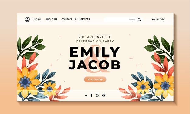 Landing-Page-Design für aquarellfarbene Hochzeiten