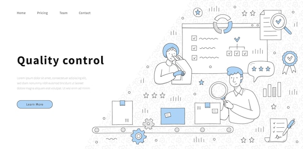 Landing page für die qualitätskontrolle doodle inspektoren testen die produktion auf dem förderband und mit dem mikroskop garantiezertifikat für die sicherheitsinspektion der produktherstellung strichgrafik-vektor-webbanner