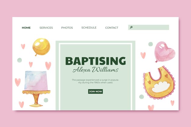Kostenloser Vektor landing page für die taufe mit aquarellblumen