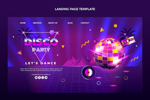 Kostenloser Vektor landing page für die vaporwave-disco-party mit farbverlauf