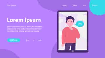Kostenloser Vektor landing page, shh mann auf tablet-computer-bildschirm. finger, stille, flache vektorillustration der sprechblase. kommunikations- und nachrichtenkonzept