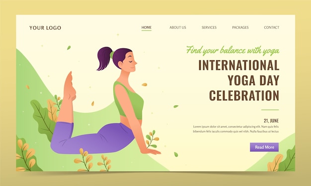 Kostenloser Vektor landing-page-vorlage mit farbverlauf für die feier des internationalen yoga-tages