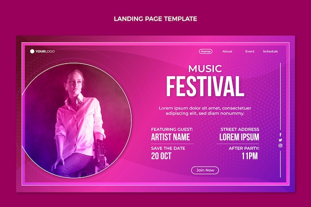 Kostenloser Vektor landingpage des bunten musikfestivals mit farbverlauf