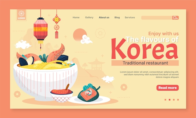 Kostenloser Vektor landingpage für koreanisches restaurant im flachen design