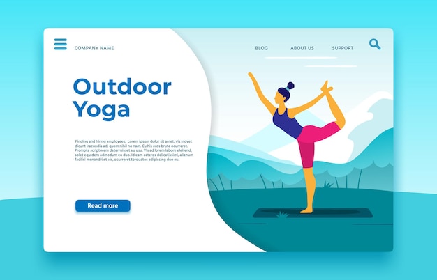 Landingpage für outdoor-yoga-kurse. yoga-outdoor-banner, gesunde sport-lifestyle-webseite, vektor-illustration. sport-landingpage