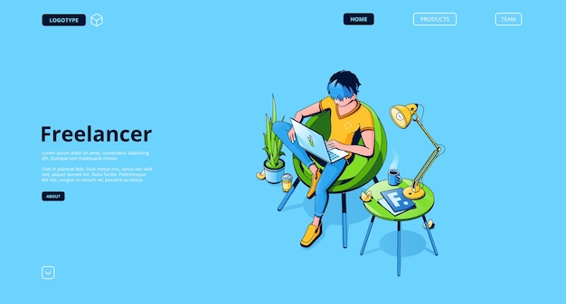 Landingpage mit freiberuflichem mann, der in der ferne arbeitet