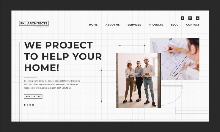 Kostenlose Vektor landingpage-vorlage für architekten im minimalistischen stil