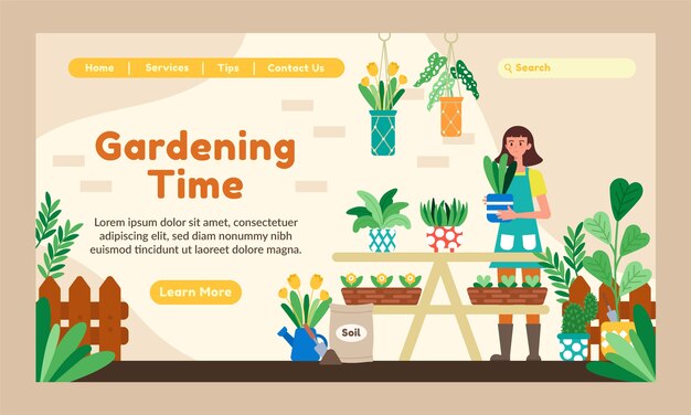 Kostenloser Vektor landingpage-vorlage für flache gartenarbeit
