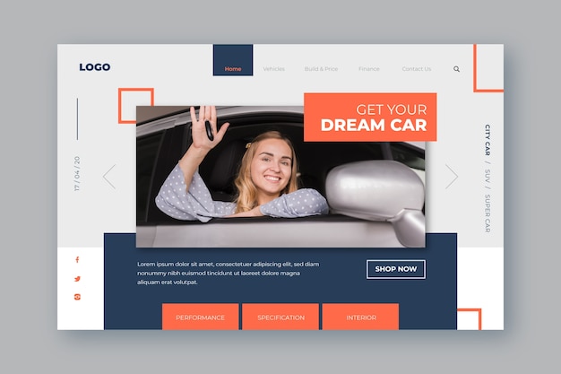 Kostenloser Vektor landingpage-vorlage zum einkaufen von autos mit frau