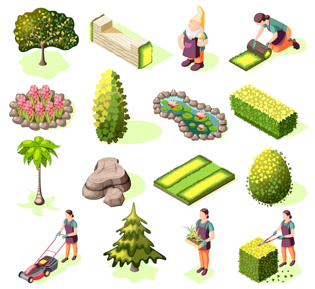 Kostenloser Vektor landschaftsbau-satz von isometrischen symbolen mit elementen grünen rasenbäumen und büschen isoliert
