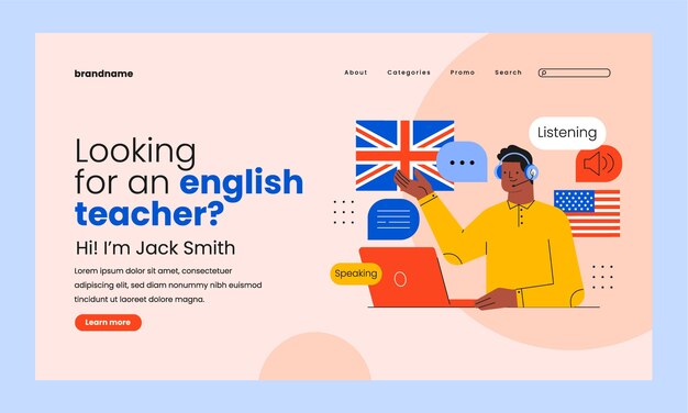 Landungsseite für Englischunterricht mit flacher Gestaltung