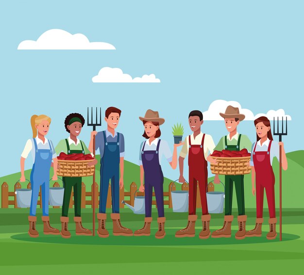 Landwirte, die in den Bauernhofkarikaturen arbeiten