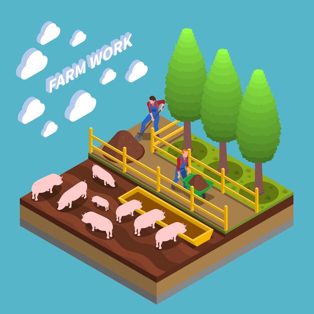 Landwirtschaftliche isometrische Zusammensetzung mit Landwirten, die in der Schweinezucht und im Garten arbeiten
