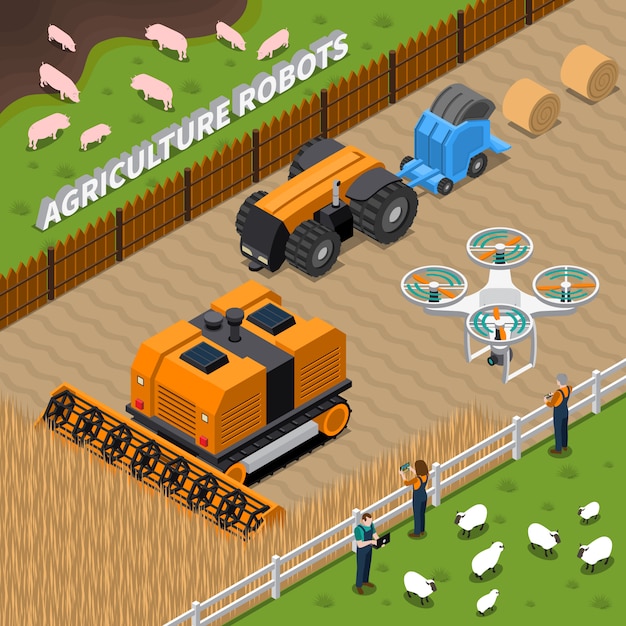 Kostenloser Vektor landwirtschafts-roboter-isometrische zusammensetzung