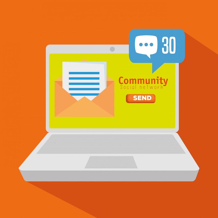 Kostenlose Vektor laptop-community mit profil für sozialen chat