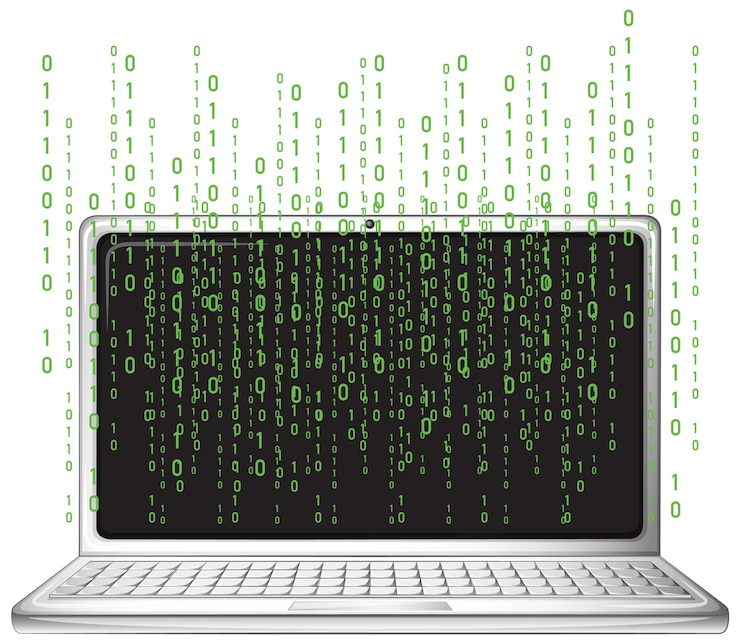 Kostenlose Vektor laptop mit binärcode-bildschirm