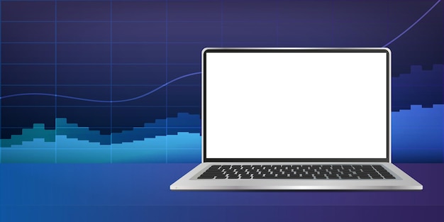 Laptop mit weißem bildschirm auf dem hintergrund von finanzdiagrammen. neon farben. das konzept der analytik, des geschäfts oder des handels an der finanzbörse. vektor.