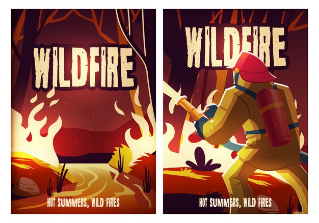 Lauffeuerplakate mit brennendem Wald und Feuerwehrmann