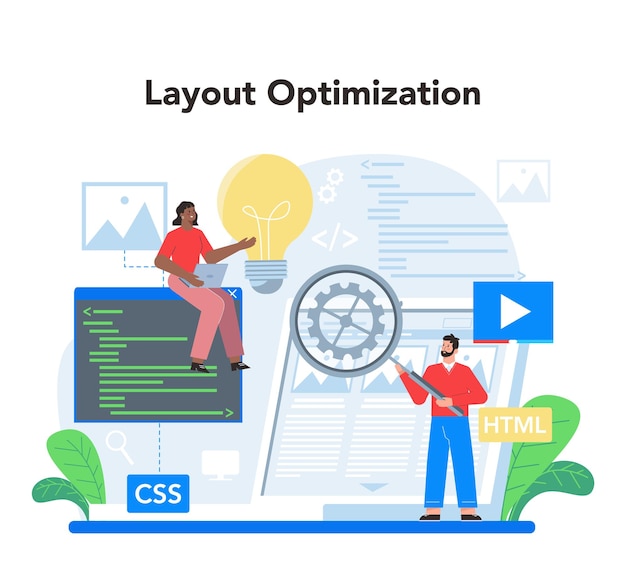 Kostenloser Vektor layout-designer-konzept design und optimierung der webentwicklung für mobile apps menschen bauen benutzeroberflächenvorlage computertechnologie flache vektorillustration