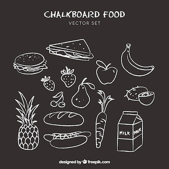 Lebensmittel-icons doodle auf tafel hintergrund gezeichnet