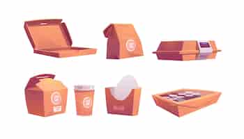 Kostenloser Vektor lebensmittelboxen, kartonsäcke und tassen, einweg-papierpakete zum mitnehmen für fastfood-café-mahlzeiten, sushi, brötchen, pizza oder pommes frites, kaffee und getränke zum mitnehmen. karikaturillustration, ikonensatz