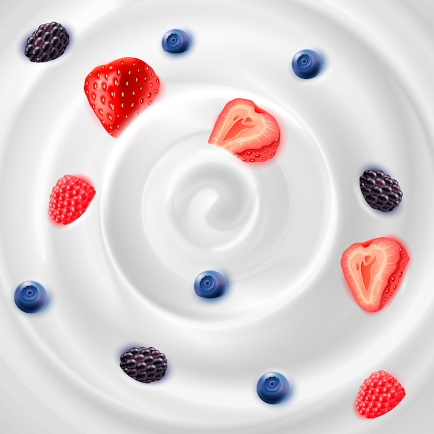 Lebensmittelhintergrund, der helle natürliche Joghurtcreme mit Erdbeer-Brombeeren und Blaubeeren realistische Illustration darstellt