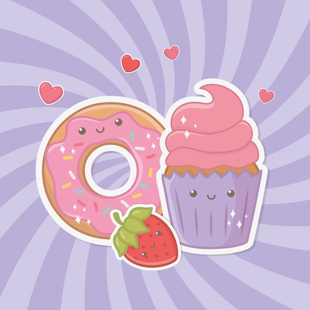 Leckere und süße Donut und Produkte kawaii Charaktere