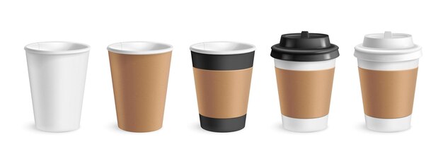 Leere kaffeetassen mit realistischem satz der getränkemitnahmesymbole lokalisierte vektorillustration