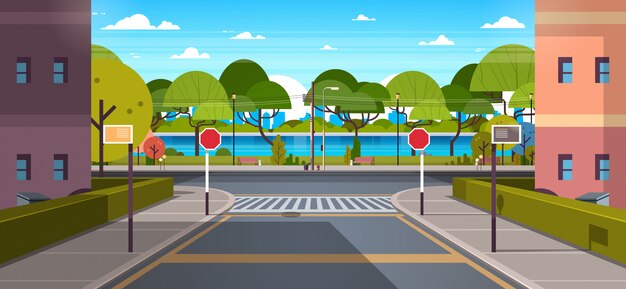 Stadtkreuzung mit ampeln, kreuzung. karikaturillustration der