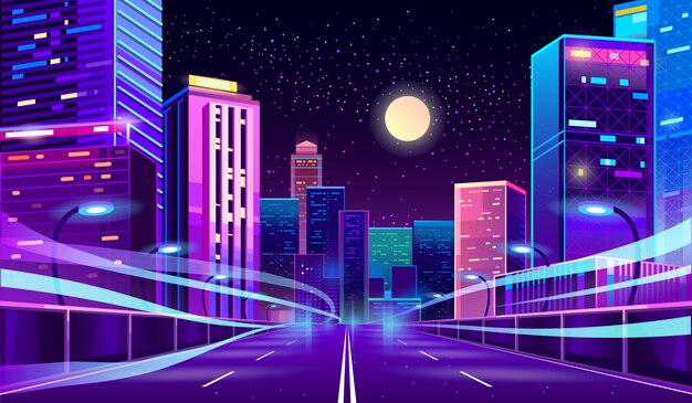 Leere Straße in Megapolis in der Nacht